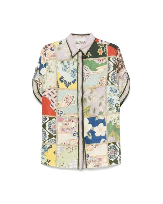 ALÉMAIS Groene Linnen Shirt Mix Print in het Multicolor