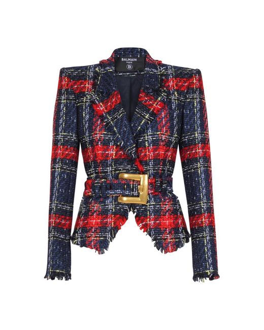 Balmain Belted Plaid Tweed Jacket in het Multicolor
