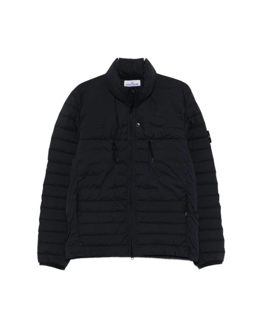 Stone Island Jassen ,Blauw ,Leer Gewatteerd Donsjack Met Logo in het Black voor heren