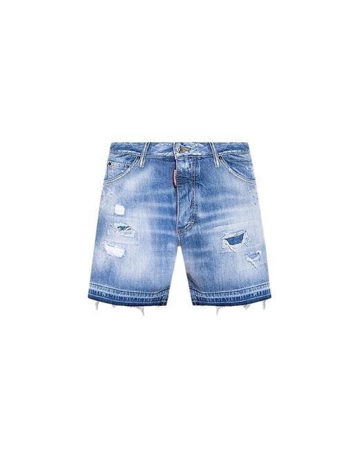 DSquared² Korte Broeken ,Blauw ,Denim Light Super Ripped Wash Commando Denim Shorts in het Blue voor heren