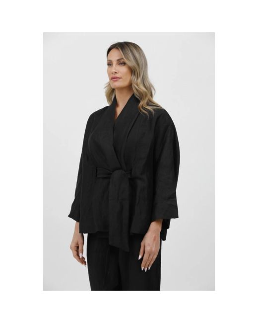 Alpha Studio Truien & Vesten ,Zwart ,Linnen Linnen Kimono Cardigan Met Ceintuur in het Black