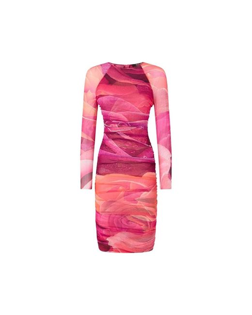 Roberto Cavalli Pink Rose-Printed Pleated Midi Dress