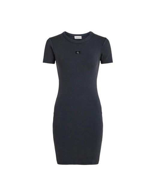 Calvin Klein Blue Geripptes Bodycon-Kleid Mit Eingeschnittenen Revers