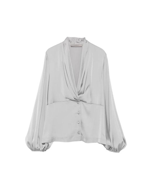 D.exterior Gray Graue Bluse Mit V-Ausschnitt Und Falten