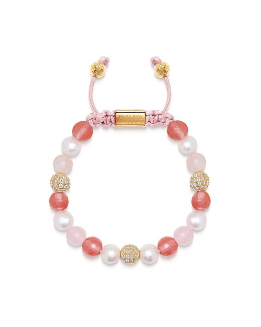 Nialaya Pink Beaded bracelet with pearl, rose quartz, cherry quartz and gold