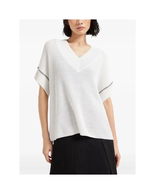 Brunello Cucinelli White Weißer v-ausschnitt pullover strickwaren ss25