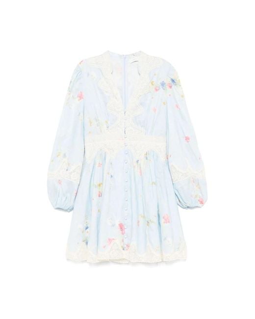 Zimmermann White Klares Blaues V-Ausschnitt Langarm Kleid