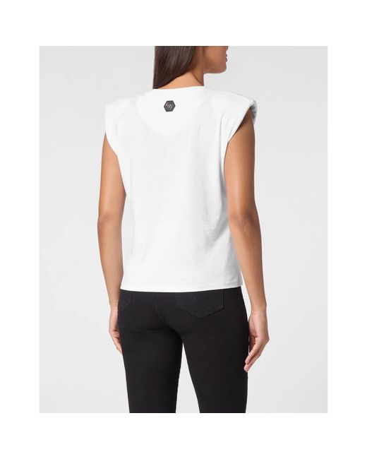 Philipp Plein Tops ,Wit ,Katoen Tank Top Strass Skull&Bones in het White