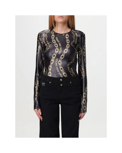 Versace Jeans Couture Chain Print Lange Mouwen Bodysuit in het Black