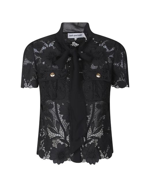 Self-Portrait Lace Tie Neck Top in het Black