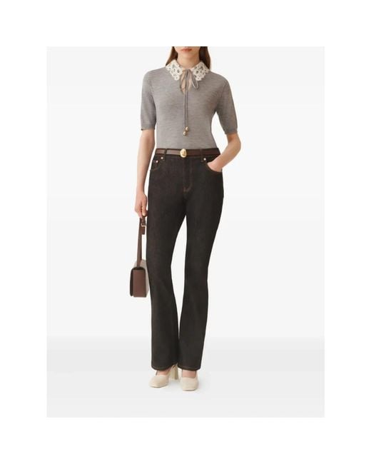 Fabiana Filippi Gray Lace-Collar Short-Sleeved Top