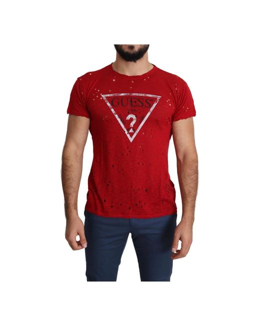 Magliette in cotone rosso con girocollo di Guess in Red da Uomo