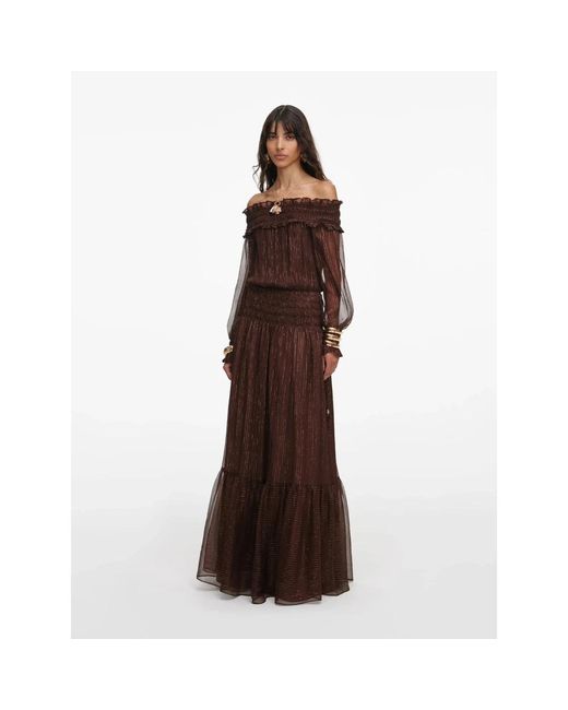 Self-Portrait Georgette Off Shoulder Maxi Jurk in het Brown