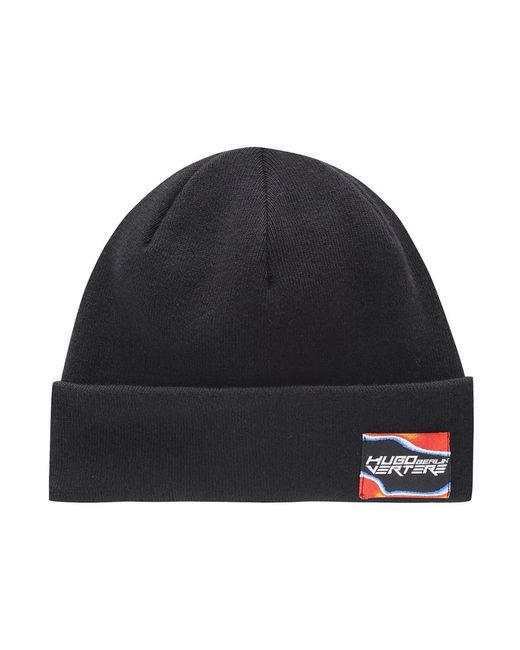 HUGO Accessoires ,Zwart ,Katoen Berlin Xertere Beanie Zwart Logo in het Blue voor heren