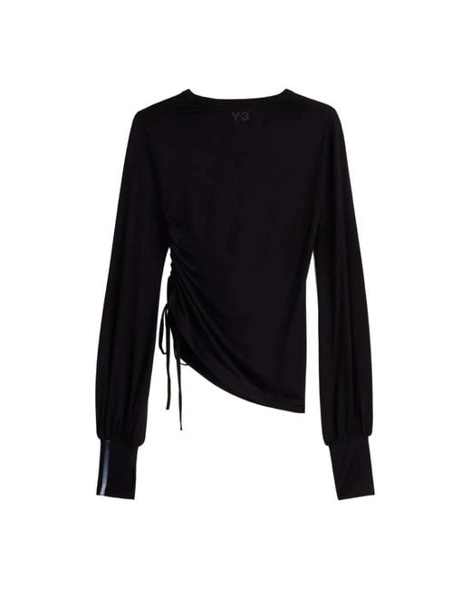 Y-3 Wool Cinched Drape Long Sleeve Tee in het Black