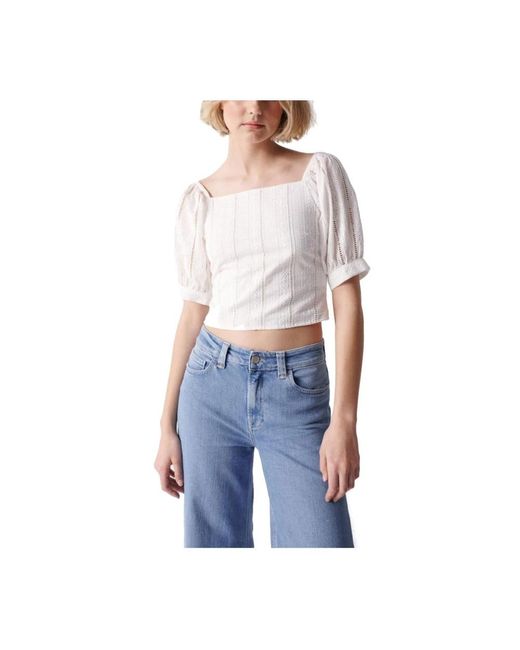 Salsa Jeans Overhemden ,Wit ,Witte Geborduurde Blouse, Slim Fit in het Blue