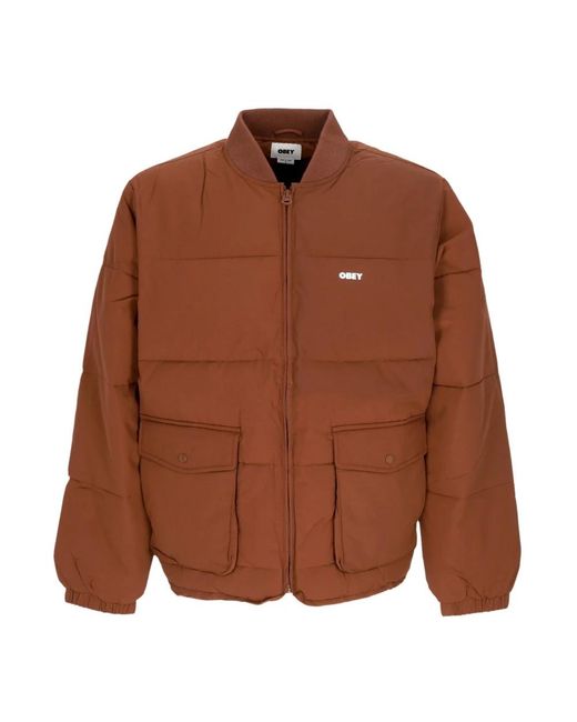 Obey Jassen ,Bruin ,Nylon Gewatteerde Ritsjas Met Kraag in het Brown voor heren