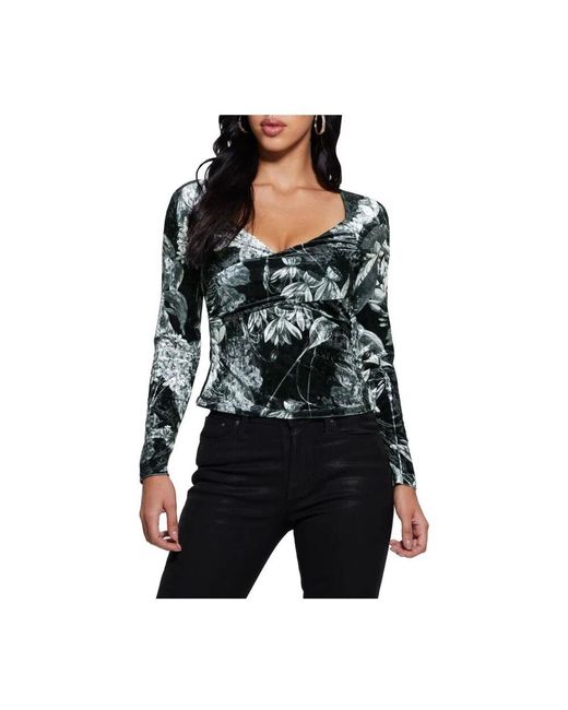 Guess Black Blumiges V-Ausschnitt Top