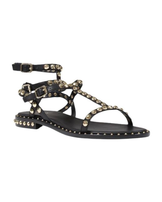 Ash Metallic Schwarze lederbogen sandalen mit schnalle