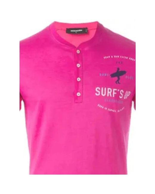 DSquared² Tops ,Roze ,Surf's Up Graphic Henley T-Shirt in het Pink voor heren