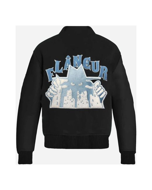 flâneur Jassen ,Zwart ,Wol Zwarte Varsity Jack Met Geborduurde Patches in het Black voor heren