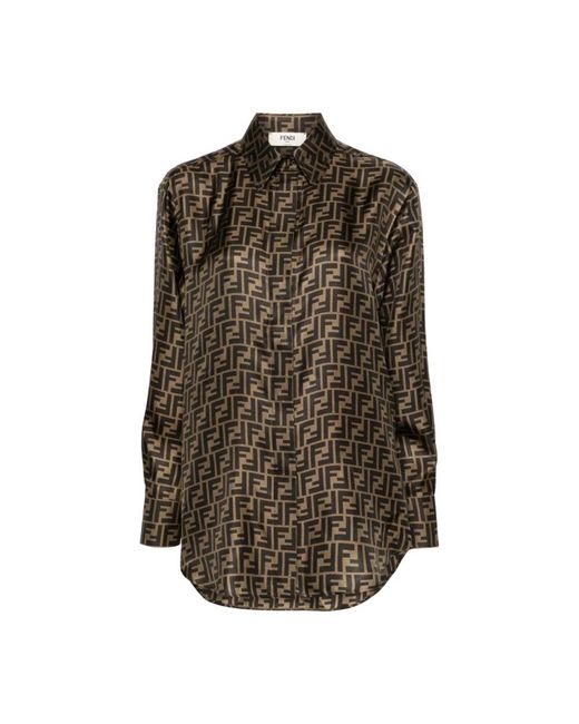 Fendi Overhemden ,Bruin ,Satijn Ff Silk Shirt in het Brown