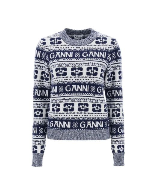 Ganni Blue Round-Neck Knitwear