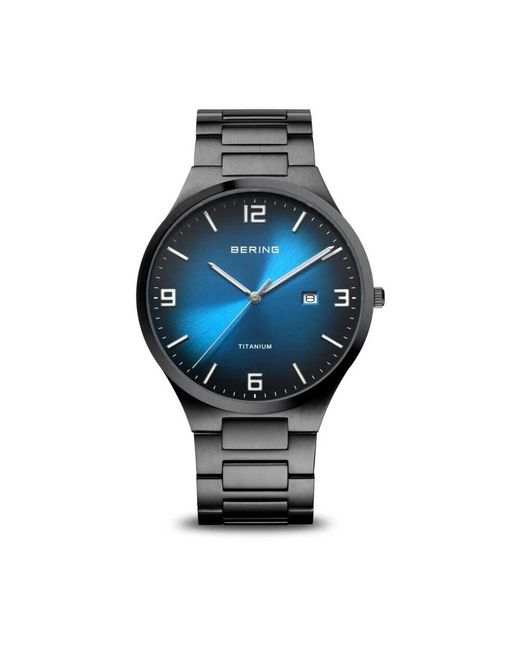 Bering Armbanduhr titanium 40 mm saphirglas titan slim design 10 atm armband titanband mit titanelementen 15240-727 in Blue für Herren