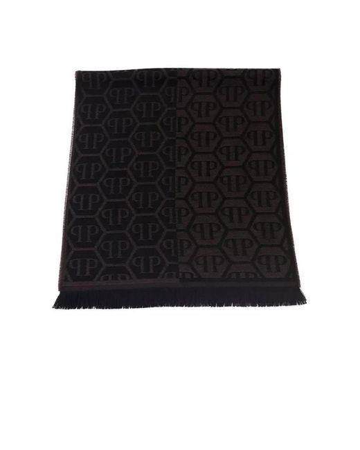 Philipp Plein Monogram fringed wool blend scarf in Black für Herren