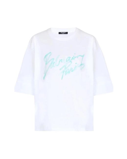 Balmain Tops ,Wit ,Katoen Boxy T-Shirt Met Brush Print in het White