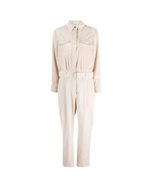 Brunello Cucinelli Jumpsuits & Playsuits ,Katoen Corduroy Jumpsuit Met Riem in het Natural
