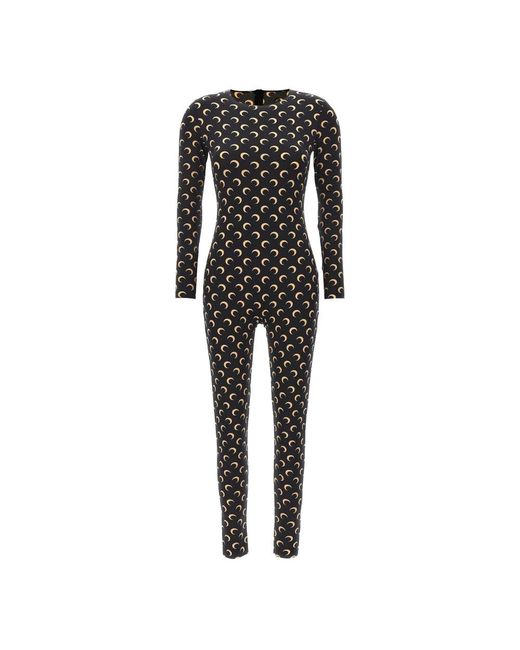 MARINE SERRE Jumpsuits & Playsuits ,Zwart ,Moon Printed Stretch Fabric Catsuit in het Black