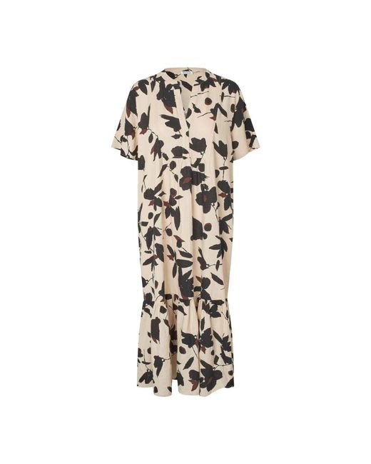 Masai Natural Blumiges Leinenkleid Mit Drapierung