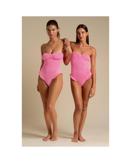 Reina Olga Pink Ruffled strapless brazilian swimsuit
