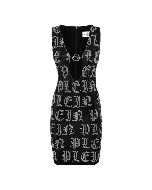 Philipp Plein Mini Jurk Gothic Plein Strass in het Black