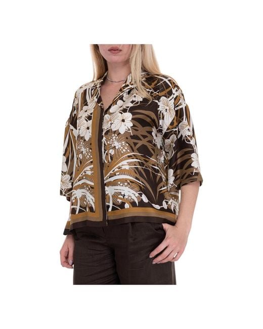Max Mara Overhemden ,Veelkleurig ,Zijden Blouse Met Korte Mouwen in het Brown