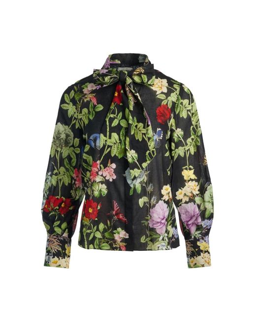Alice + Olivia Overhemden ,Zwart ,Zwarte Bloemenprint Pofmouw Overhemd in het Black