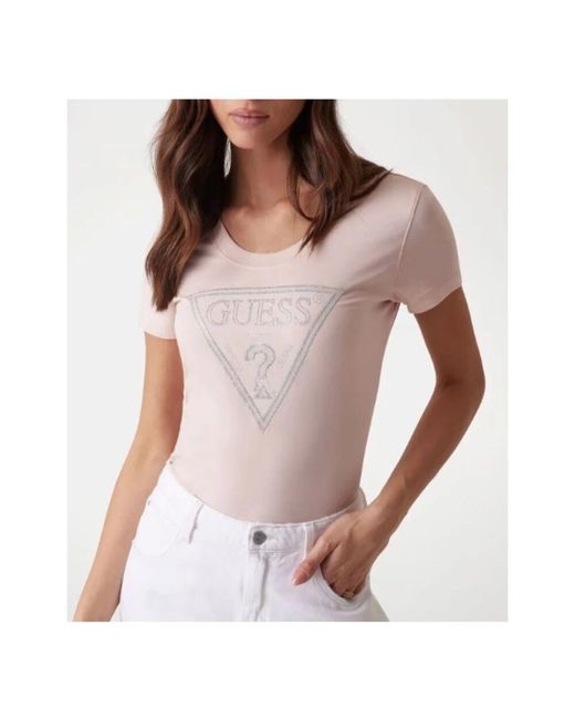 Guess Pink Glänzendes Dreieck Tee Baumwoll-T-Shirt