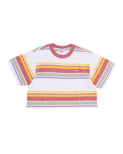 Obey Tops ,Veelkleurig ,Katoen Gestreepte June Cropped Tee Roze in het Pink