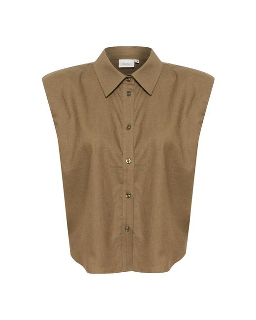 Camicia blusa in lino grigio pietra di Gestuz in Brown