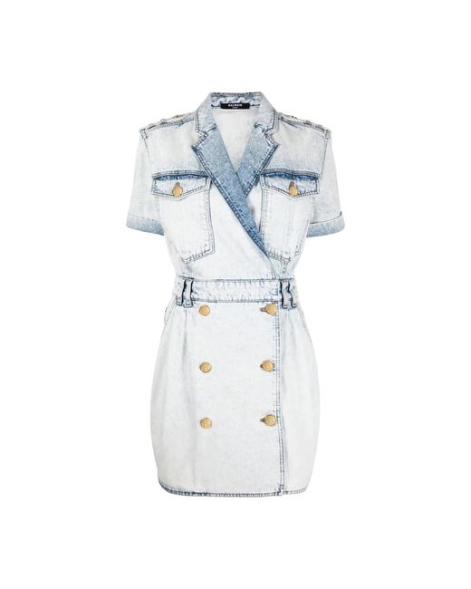 Balmain Blauwe Denim Mini Jurk Met Riem in het Blue