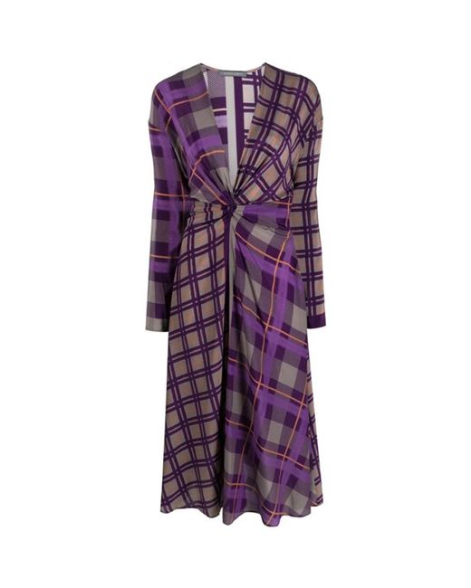 Alberta Ferretti Purple Check-pattern Silk Midi Dress