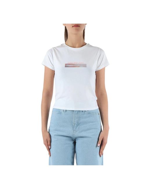 Calvin Klein Blue Logo print cropped stretch cotton t-shirt
