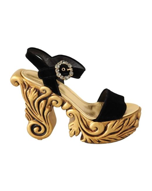 Black gold baroque velvet heels crystal shoes Dolce & Gabbana de color Metallic