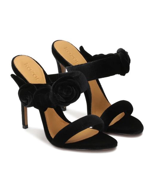 Kazar Schoenen ,Zwart ,Leer Sandalettes Met Hak Versierd Met 3D-Rozen in het Black