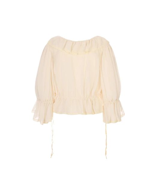 Chloé Natural Cropped V‑Ausschnitt-Oberteil Mit Rüschen