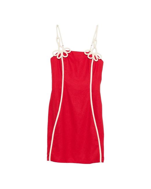 Farm Rio Red Dress With Flower Detail And Piped Trims