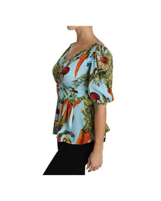 Dolce & Gabbana Green Dolce Gabbana Multicolor Vegetable Print Silk Top Peplum Wrap Blouse