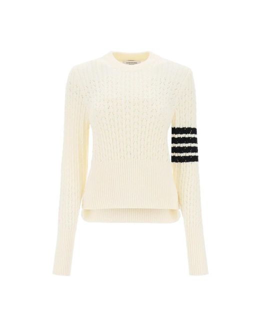 Thom Browne White Merinowoll-sweater mit pointelle-strick und 4 bar motiv