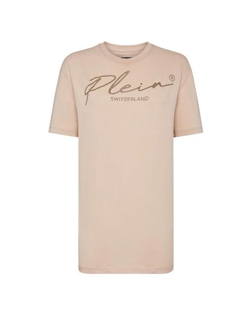 Philipp Plein T-Shirt Ronde Hals Ss Crystal Signature in het Natural